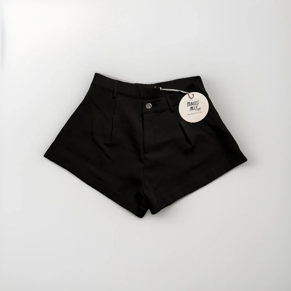 Princess Polly Asymmetrical High Rise‎ Shorts Black US 6 NWT Dressy Cuffed Poly